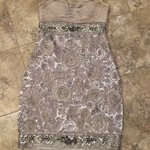 Sue Wong Silver ribbon embroidered cocktail dress
